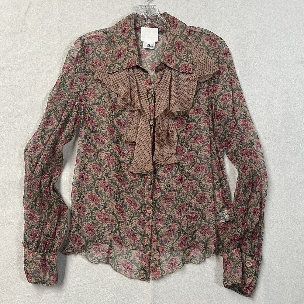 Anna Sui Anthropologie Sheer Ruffle Blouse Women 10 Brown Floral Silk Button Top